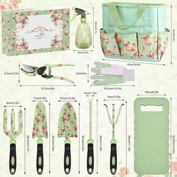 Gardening Tools, WisaKey 10 Piece Heavy Duty Garden Tools Set with Handle, Durable Fashion Garden Organizer Handbag, Ideal Gardening White Elephant Gifts Gift for Woman Mothers