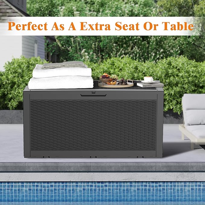 110 Gallon Outdoor Storage Box, Waterproof Large Deck Box for Backyard Garden Tools with Hydraulic Hinges, UV-Resistant Lockable Patio Storage Box for Cushions, Package Delivery Box