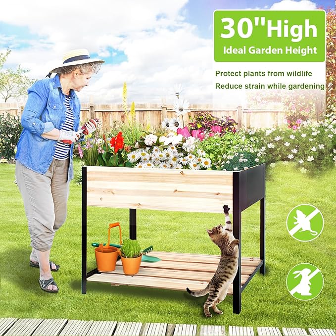 Raised Garden Bed with Legs, Metal & Wood Elevated Planter Box for Outdoor Plants, Vegetables, Flowers, Herbs, 4 Legs, 36(L) x18(W) x30(H) Inch Garden Bed for Outdoors