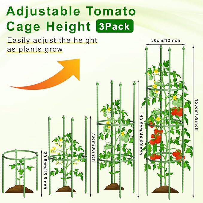 Fabulas Tomato Cage, 59 Inch Adjustable Tomato Plant Support Cages for Garden and Pots, Steel Core Plastic Coated Trellis for Raised Bed Climbing Plants Cucumber Beans Vegetable Flower Fruit, 3 Pack