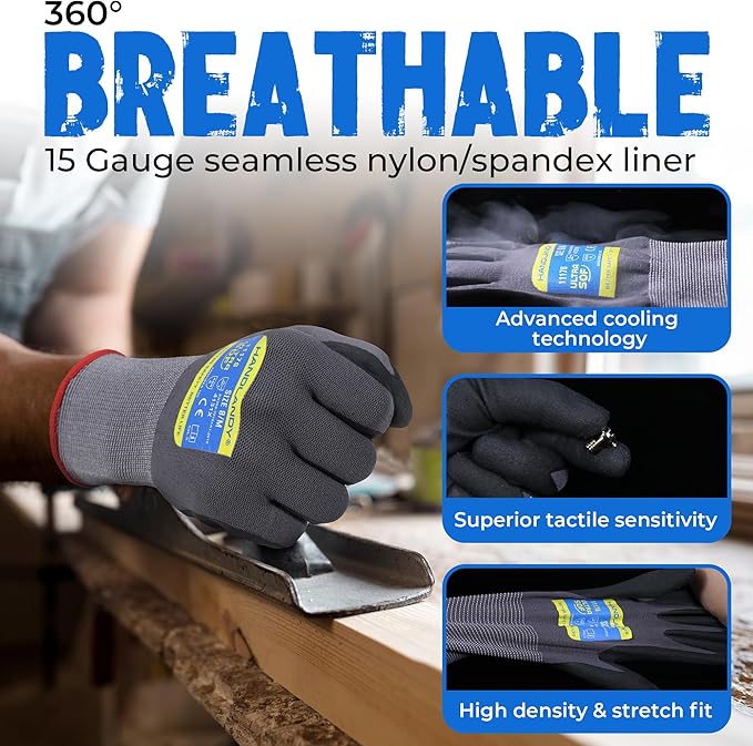 HANDLANDY 6 Pairs Safety Work Gloves with MicroFoam Nitrile Coated - Breathable Nylon Gloves with Grip for Men & Women