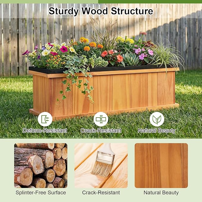 Giantex Outdoor Raised Garden Bed Set of 2, 28” x 10” x 10” Pine Wood Planter Box w/ 3 Drainage Holes, Removable Bottom & Bed Liner, Rectangular Flower Container for Vegetables Herbs, Indoor & Outdoor