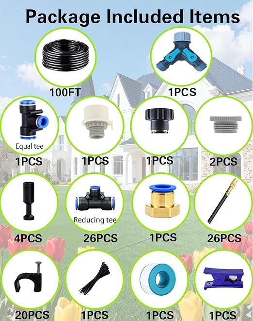 Drip Irrigation System, 360 Adjustable Mist Sprayer Nozzle, High Volume Water Flow Rotating Sprinkler Head for Garden,Patio,Potted Plants,Easy Install, Fine Misting to Jet Spray (100FT+26Nozzles)