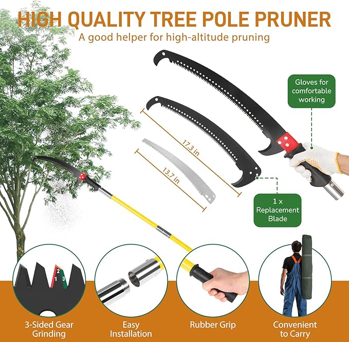 VINGLI 26FT Manual Pole Saw for Tree Trimming, Extendable Tree Pruner, Sharp Steel Blade and Scissors, High Tree Branch Cutter with Lightweight 8 Fiberglass Long Handles, for Pruning Palms and Shrubs