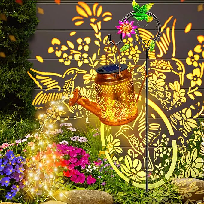Big Solar Hummingbird Flower Watering Can Lights, Gift for Mom Grandma Women Wife Daughter Mother's Day, Waterproof Outdoor Garden Decor with Shepherd Hook, Hanging Light for Yard Porch Backyard Patio