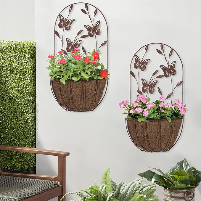BAYN 2PK Wall Hanging Planter Decor Art with Butterfly, Metal Wall Mounted Planters Indoor Outdoor Wall Planter for Succulent Herb Home Garden Yard