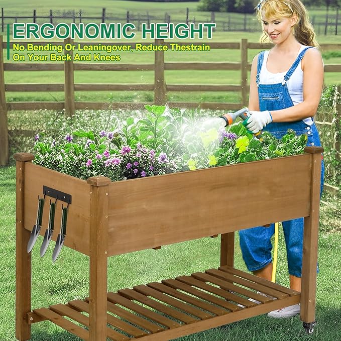 Raised Garden Bed with Wheel 48x24x30in, Elevated Wood Planter Box Can Grow Vegetables, Flowers and Herbs Suitable for Backyard, Patio, Balcony, Terrace, Veranda （Brown）