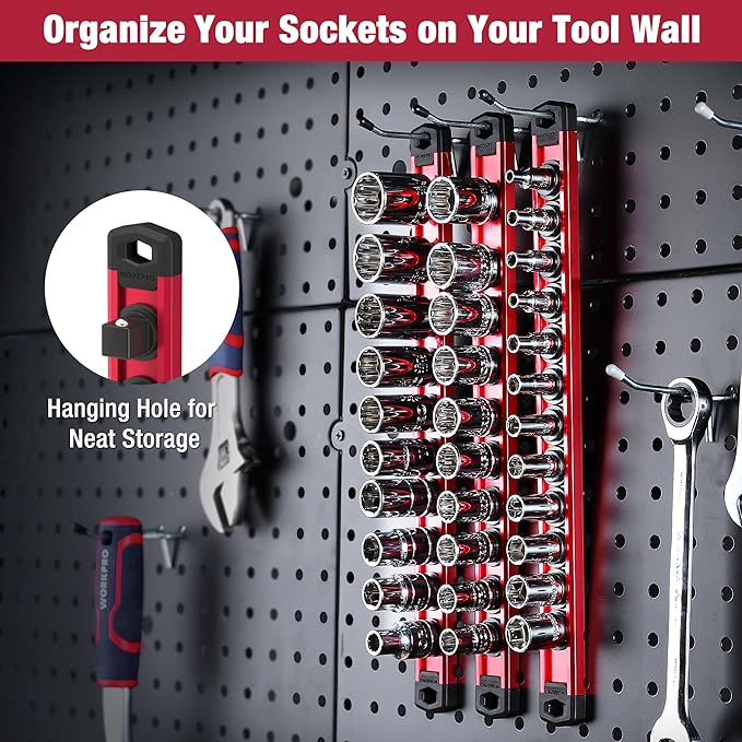 WORKPRO Magnetic Socket Organizer Set, 3-Piece Aluminum Alloy Socket Rail, Heavy Duty Socket Holder, Socket Rack Kit 1/4-Inch x 12 Clips, 3/8-Inch x 10 Clips, 1/2-Inch x 10 Clips (Red)