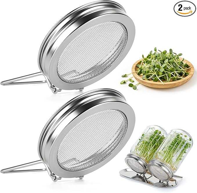 2 Pcs Sprouting Lids for Wide Mouth Mason Jars, Stainless Steel Reusable One-Piece Sprouting Jar Lids Kit with Built-In Stand, Seed Germination Sprouts Growing Kit for Organic Alfalfa & Mung Bean