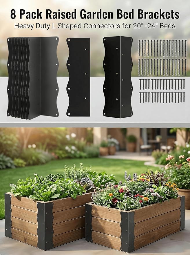 8 Pack Raised Garden Bed Corner Brackets Kit for 20"-24" Raised Bed, 11"x3”x3“ Heavy Duty L Shaped Garden Bed Connectors with Screws, Decorative Corner Braces for Planter Box, Furniture & Wood Fences