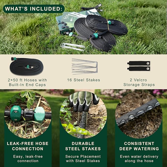 Flat Soaker Hose 100 FT (2 × 50 FT) – Connectable Modular Garden Soaker Hose for Drip Irrigation, Porous Watering Hose for Garden Beds, Trees & Landscapes