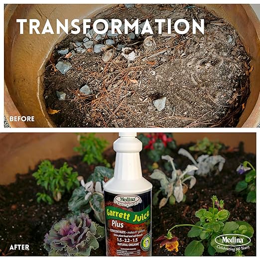 Medina Garrett Juice Plus -Liquid Plant Food & Fertilizer for Houseplants, Lawn, & Garden | Foliar Solution & Growth Enhancer, Ideal for Potted & Patio Plants | Nitrogen-Rich Liquid Fertilizer - 1 Qt.