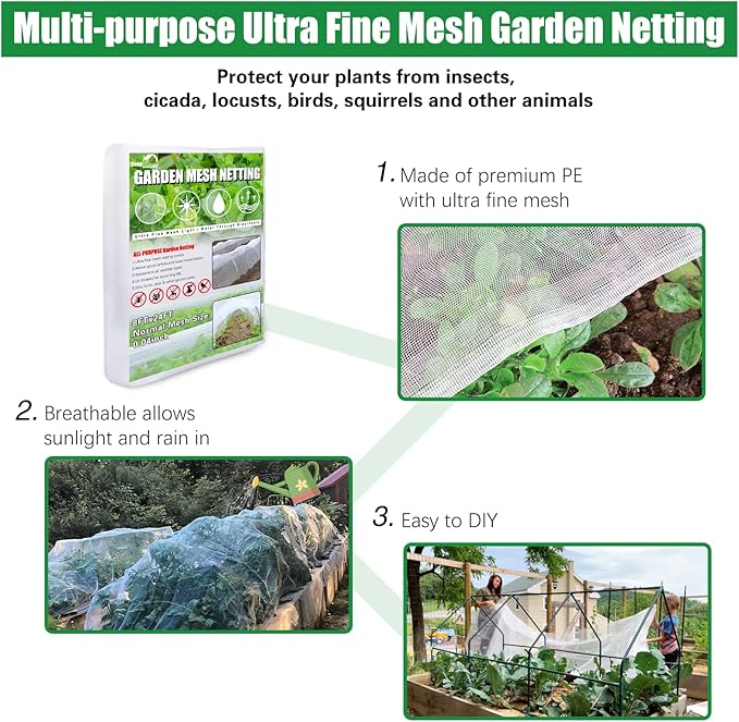 SnugNiture Garden Netting 8x24FT Ultra Fine Mesh Mosquito Netting Plant Covers, White Bird Netting Barrier Greenhouse Row Cover Protect Fruits Flower Vegetables from Birds Deer & Squirrels