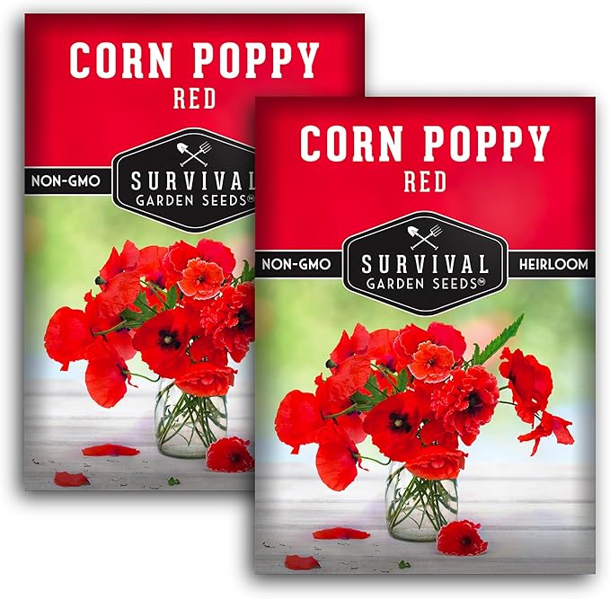 Survival Garden Seeds Red Corn Poppy (Papaver Rhoas) | 2 Packs with Wildflower Seeds & Planting Instructions | Grow Flanders (American Legion) Poppies in Your Home Flower Garden - Non-GMO Heirloom
