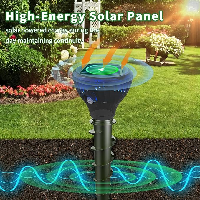Mole Repellent Ultrasonic Solar Powered Sonic Mole Spikes Outdoor Vole Chipmunk Groundhog Repeller Waterproof Rodent Gopher Snake Deterrent Flash&Vibration is Suitable for Lawn, Courtyard