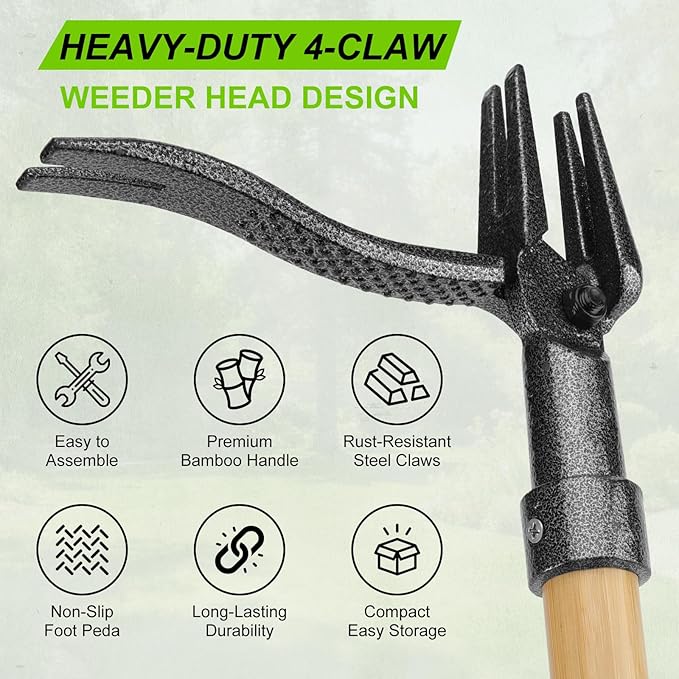Stand Up Weed Puller Tool - 4-Claw Steel Head, 31"-44.5" Adjustable Long Handle, Heavy Duty Garden Weeder with Foot Pedal, Easy Root Removal for Lawn, Yard, Garden & Flower Bed