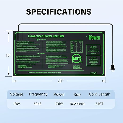 iPower GLHTMTSV1 Durable Waterproof Seedling Heat Mat Warm Hydroponic Heating Plant Germination Starting Pad, 10" x 20", Black