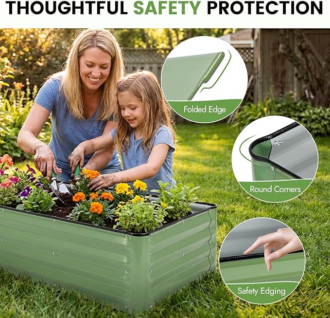 INNO STAGE Galvanized Raised Garden Bed Kits, 8x2x1ft Metal Raised Garden Beds Outdoor, Large Steel Raised Planter Bed with Gloves for Vegetables & Flowers Patio Ground Planter Box (Olive Green, 1PC)