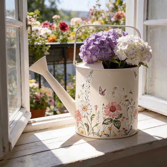 Metal Watering Can Flower Pot with Handle Rustic Farmhouse Water Can for Indoor Outdoor Garden Plants Watering (Pink)