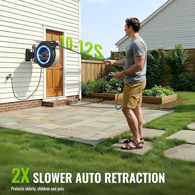 Retractable Hose Reel 100ft 1/2 in, Wall Mounted Garden Hose Reel Heavy Duty with 10 Spray Nozzle, Auto Rewind, 180° Swivel Bracket, UV Resistant