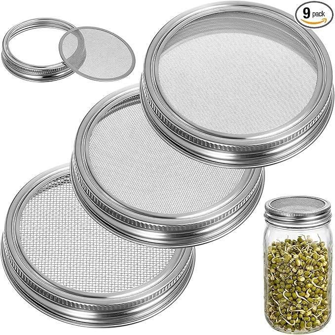 Sprouting Growing Lids for Wide Mouth Mason Jars,Sprouting Lids with 3 different orifice sizes,Alfalfa & Mung Bean Sprouts Grow Kit,L,M,S Strainer mesh(9 Pcs,Silver,Stainless Steel)
