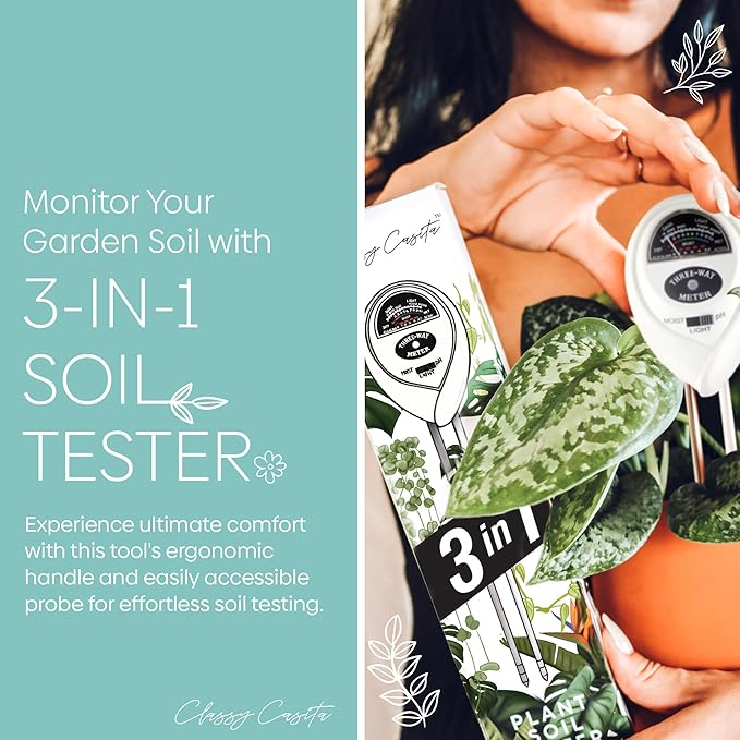 Classy Casita 3-in-1 Garden Soil Tester- Three Way Plant Soil Test Kit to Measure Soil Moisture, pH-Value, and Sunlight Soil Moisture Meter w/Plant Watering & Care eBook, White