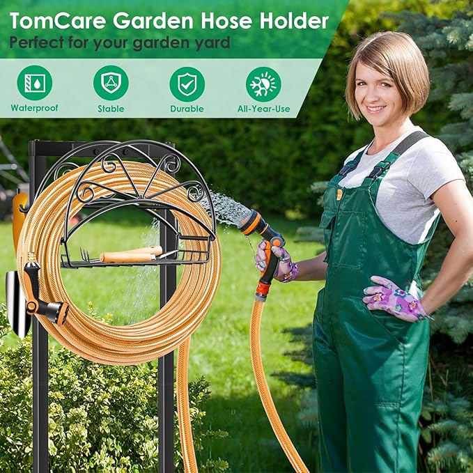 TomCare Garden Hose Holder Heavy Duty Water Hose Holder Holds 160 FT Hoses 4 Spikes Hose Reel Freestanding Hose Hanger Sturdy Hose Storage Stand for Outside Yard Lawn