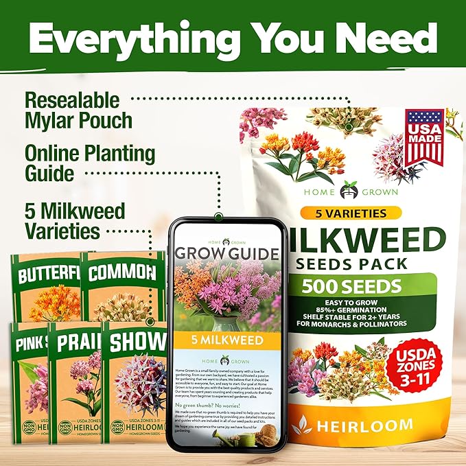 HOME GROWN Milkweed Seeds for Planting - 5 Varieties (Butterfly, Common, Pink Swamp, Prairie, Showy) 500+ Heirloom Non-GMO Seeds - Pollinator Garden Starter Kit for Monarch Butterflies