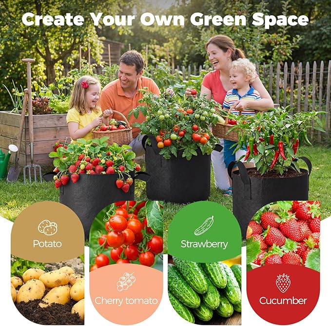 5-Pack 10 Gallon Grow Bags for Potato Tomatoes Vegetables, 5 Pack Terracotta Plant Self-Watering Stake Spike for Outdoor Indoor Plants, 300g Heavy Duty Thickened Nonwoven Fabric Cloth Pot Planting Bag