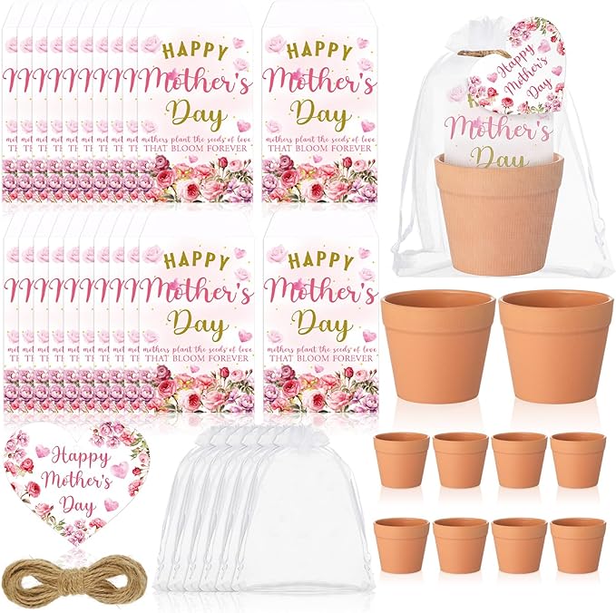 Ctosree 50 Sets Happy Mother's Day Gift Thank You Seed Packets Include Self Adhesive Seed Packets Flowerpot Thank You Tags Organza Bags for Mother's Day Appreciation Gifts