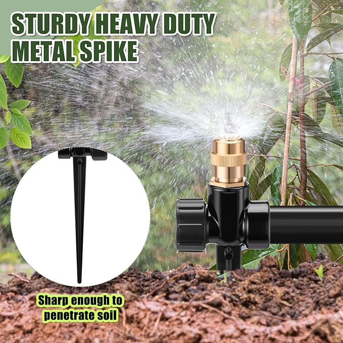 Tioncy 4 Pack Metal Lawn Sprinkler Automatic Garden Water Sprinkler on Spike Base 360 Degree Rotation with Adjustable Brass Nozzle for Lawn Garden Yard(Black)