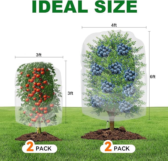 4 Pack Garden Netting for Blueberry Bushes 2 Sizes with Drawstring Garden Mesh Nets Insect Netting Plant Row Covers Protection Bags for Fruit Trees Shrubs Vegetables Flowers Herbs