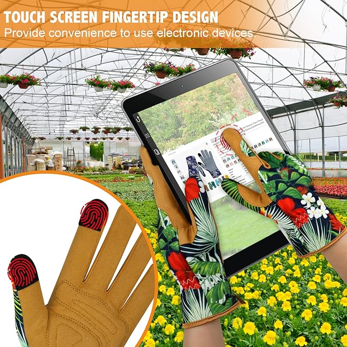 Leather Gardening Gloves for Women Garden Gloves Thorn Proof Touch Screen Design Heavy Duty Working Yard Gloves