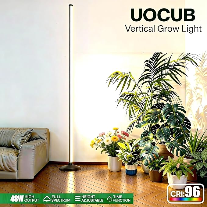 65 Inch Vertical Grow Lights for Indoor Plants: 48W, 6000K, 336 LEDs Full Spectrum LED Standing Plant Lights with Timer and 10 Level Dimmable Plant Growing Lamp for Greenhouse with Hanging Accessory