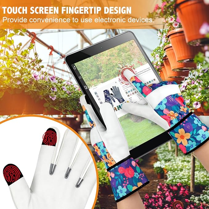 Leather Gardening Gloves for Women Garden Gloves Thorn Proof Touch Screen Design Heavy Duty Working Yard Gloves