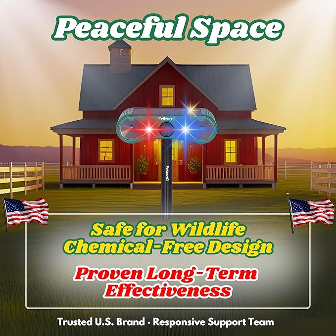 Solar Ultrasonic Animal Repellent Outdoor - Motion Activated Deterrent with Flashing LED Lights - Waterproof Yard & Garden Protector for Deer, Cat, Squirrel, Raccon, Rodents, Bird Repeller (1 Pack)