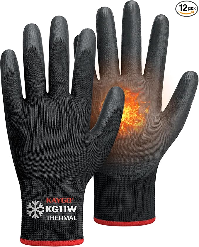 KAYGO 12 Pairs Winter Work Gloves for Men and Women, Thermal Insulated Safety Work Gloves PU Coated, Super Grip,Ideal for Freezer Work,Black,XL