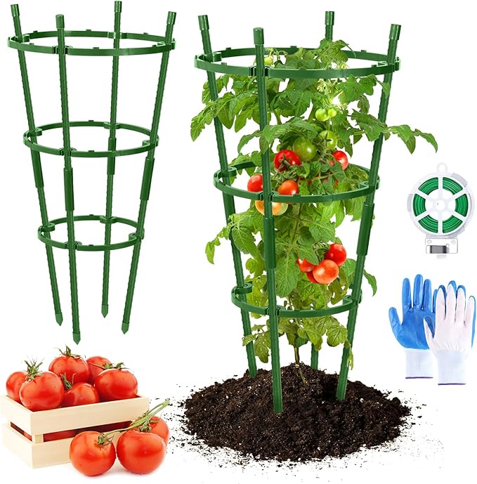 2-Pack 24 Inches Tomato Cages for Garden, Tomato Cage, Tomato Plant Support, Heavy-Duty Tomato Trellis with Height Adjustable Rings for Garden Climbing Plants with Twist Tie & Gloves