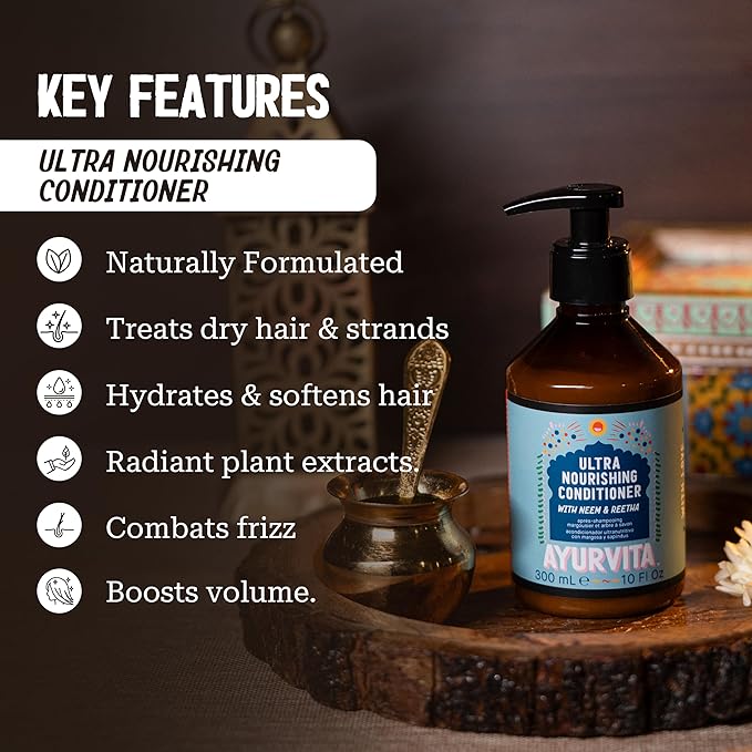 Nourishing Conditioner for Women & Men - Neem & Reetha Natural Ayurvedic Herbal Care - Repairs & Nourishes All Hair & Scalp Types - Daily Conditioning - Anti-Frizz - Adds Shine - 10 fl oz
