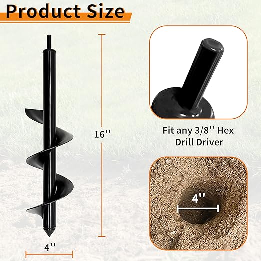 TCBWFY Auger Drill Bit for Planting, 4" x 16" Post Hole Digger, Heavy-Duty Garden Auger Spiral Drill Bit & Bulb Planter Tool Fits 3/8" Hex Drive Drill