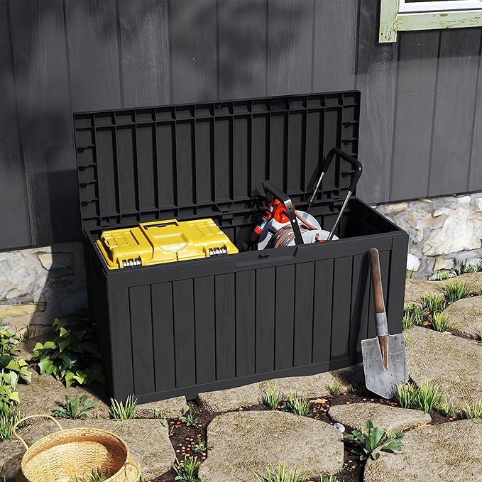 Outdoor Storage Box Waterproof with Wheels, 76 Gallon Lockable Resin Deck Box Patio Storage Bin for Pool Accessories Cushion Furniture, Garden Tools, UV-Resistant Outside Delivery Black