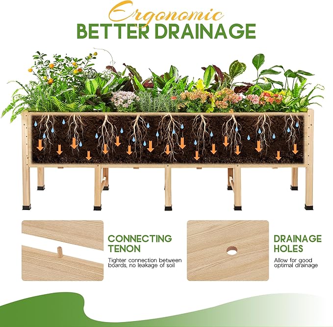 AMERLIFE 7x2 Ft Raised Garden Bed with Legs and Drainage Holes, 16 Inch Deep Elevated Wood Planter Box for Vegetables, Flowers, Herbs, Balcony, Patio, Backyard