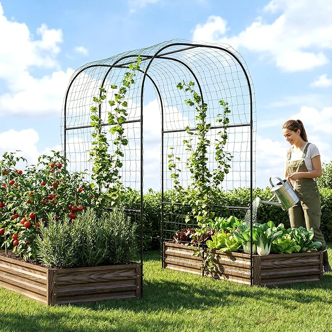 3 in 1 Galvanized Raised Garden Bed with 87" H Arch Trellis for Climbing Plants, Outdoor Gardening Planter Box with Climbing Net for Flower Vegetables Fruits Herbs, Wood Grain