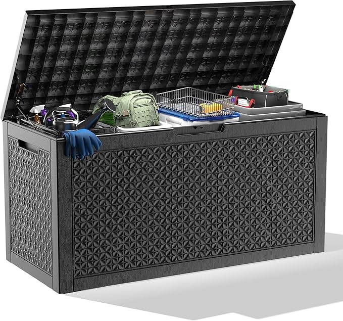 121 Gallon Resin Deck Box, Lockable Outdoor Storage Box for Patio Cushions Storage Furniture,Garden Tools, Pool Supplies, Weatherproof and UV Resistant (Black)