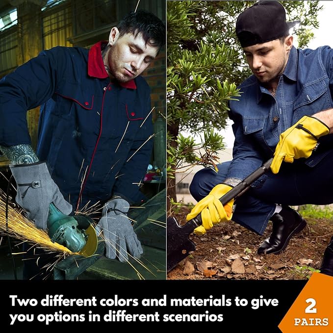 2 Pairs Leather Work Gloves for Men or Women, Non-fading Cowhide, for GardeningConstruction, Welding, Yardwork, driver