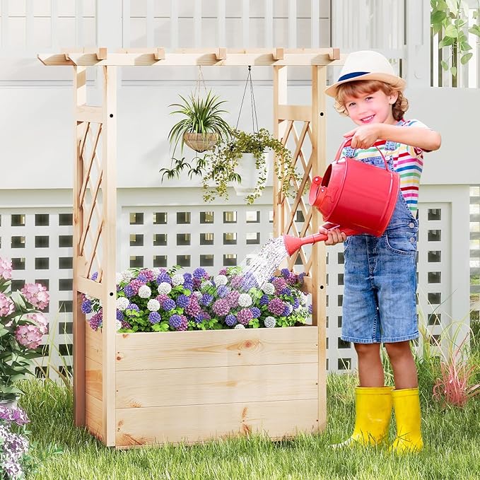 Giantex Set of 2 Raised Garden Bed with Sided Trellis & Hanging Roof, Wood Planter Box, Freestanding Garden Planter Raised Bed for Flowers Herbs Climbing Vines 31”x16”x41” (L x W x H)