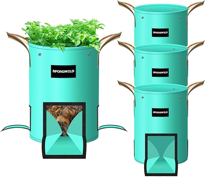 4 Pack 10 Gallon Potato Grow Bags, PE Garden Planter Bag with Breathable Screen Windows and Reinforced Handles for Potatoes, Tomatoes, Carrots and Onions