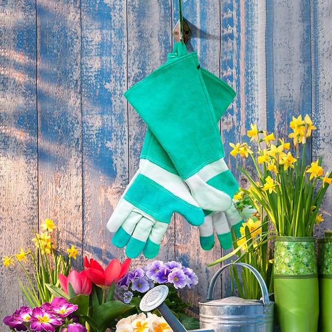 Gardening Gloves, Rose Pruning Gloves Thorn Proof, Long Cowleather Gauntlet Yard Work Gloves with Adjustable Cuffs