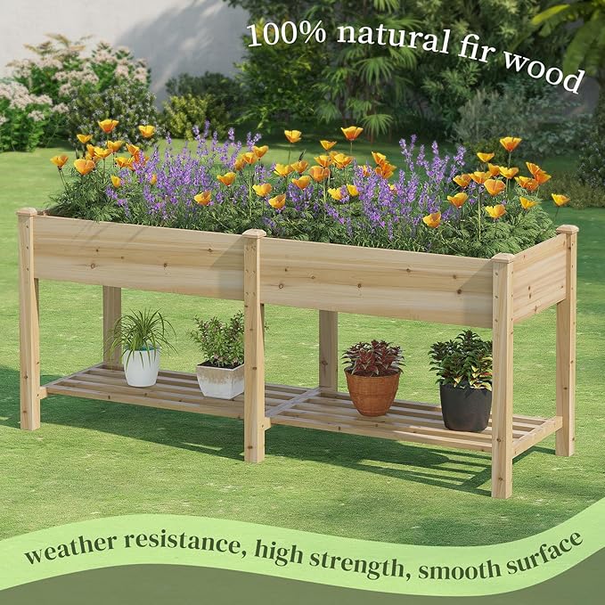 Wooden Raised Garden Bed, Planter Box with Legs, Garden Planter with Divider Bag for Backyard, Patio, Balcony, Planter Stand Box for Herbs and Vegetables(Natural-L)