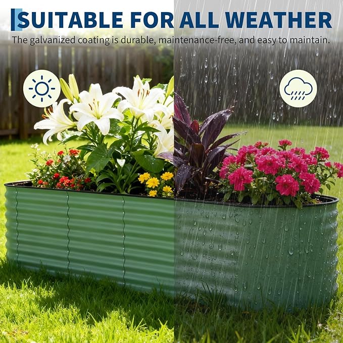 Garvee 2 Pack 8x2x2ft Galvanized Raised Garden Bed Kit, Oval Metal Planter Boxes with Anti-Cut Safety Edges, Rust-Resistant Deep Root Planters for Outdoor Vegetables, Flowers, Herbs, Green